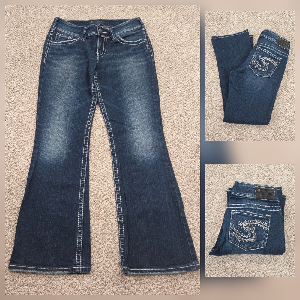 Silver Jeans Suki Bootcut Womens Dark Wash Denim Embellished Distress Fits 30x29